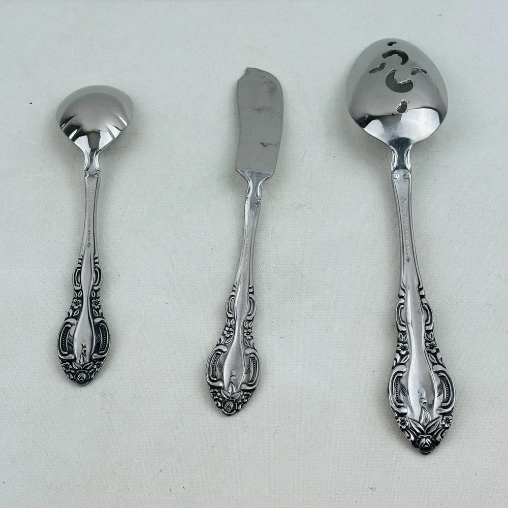 Vintage Springtime 3 Piece Set Pierced Serving‎ Spoon Butter Knife Sugar Shell